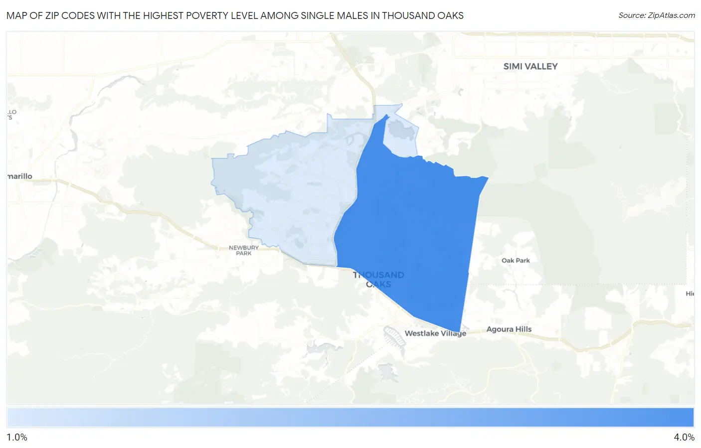 Zip Codes with the Highest Poverty Level Among Single Males in Thousand Oaks Map