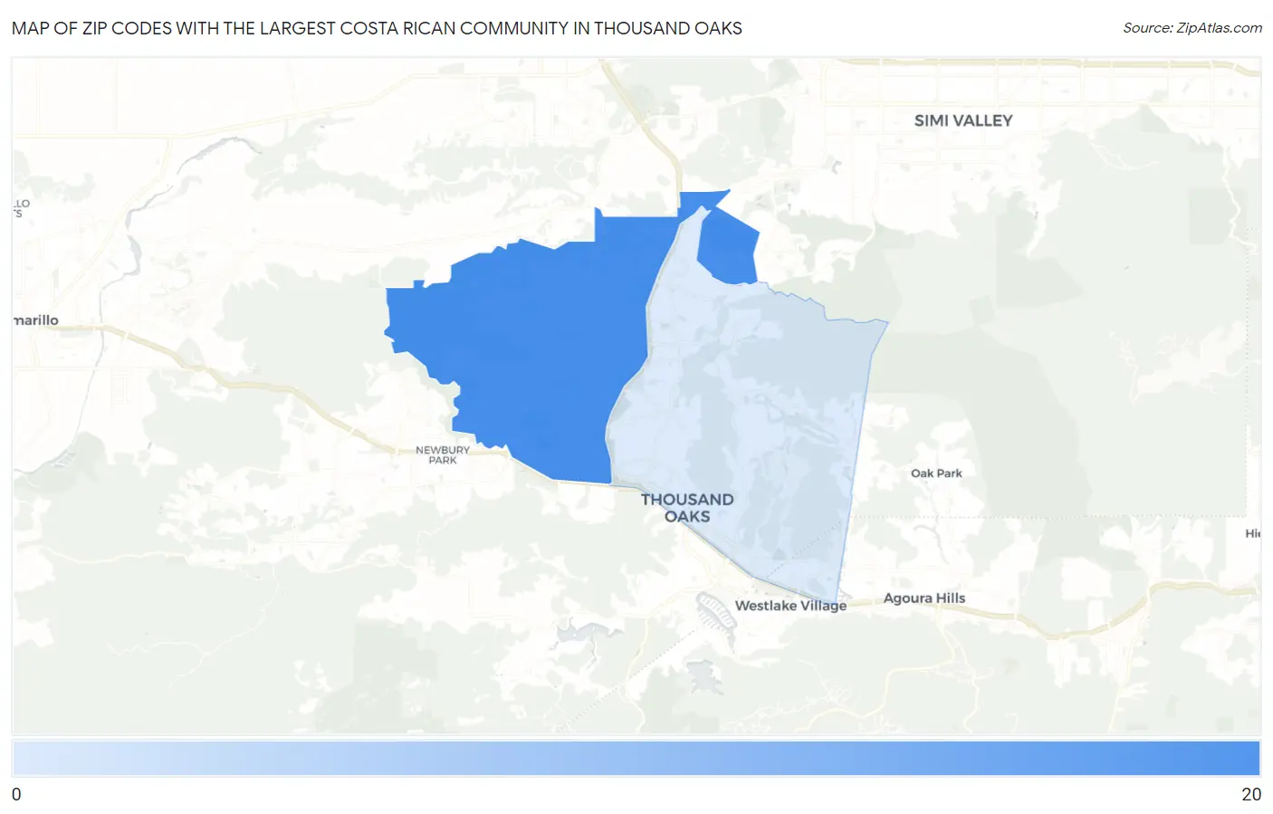 Zip Codes with the Largest Costa Rican Community in Thousand Oaks Map