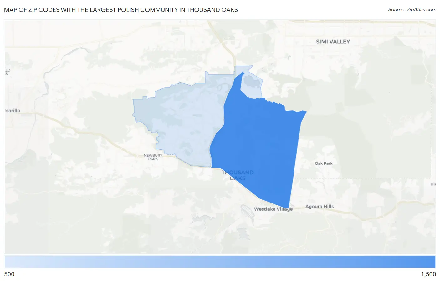 Zip Codes with the Largest Polish Community in Thousand Oaks Map
