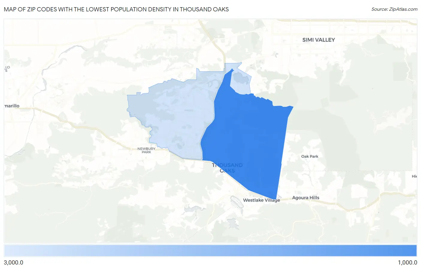 Zip Codes with the Lowest Population Density in Thousand Oaks Map