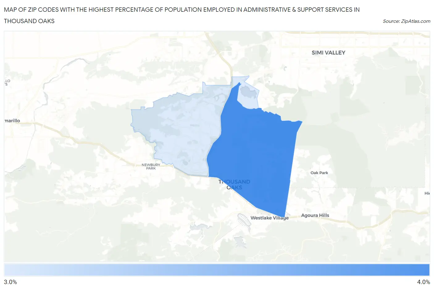 Zip Codes with the Highest Percentage of Population Employed in Administrative & Support Services in Thousand Oaks Map
