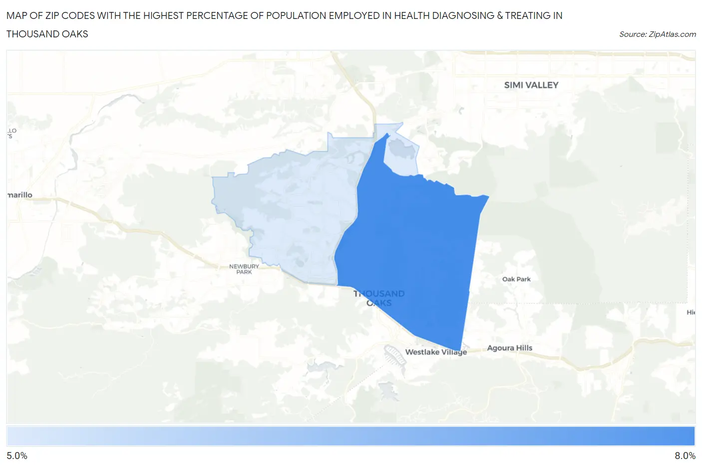 Zip Codes with the Highest Percentage of Population Employed in Health Diagnosing & Treating in Thousand Oaks Map