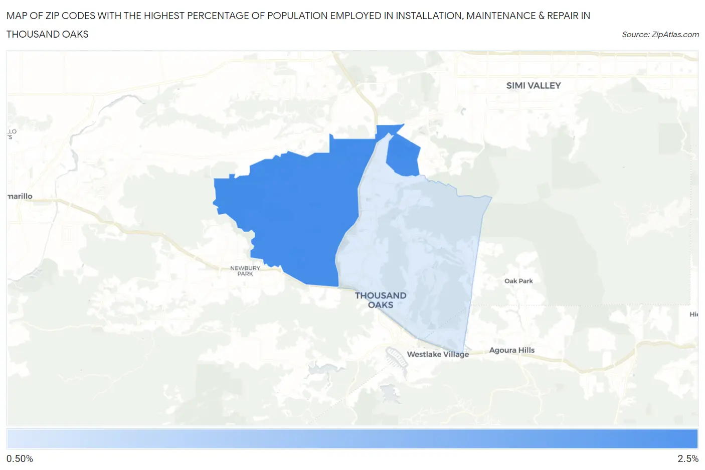 Zip Codes with the Highest Percentage of Population Employed in Installation, Maintenance & Repair in Thousand Oaks Map