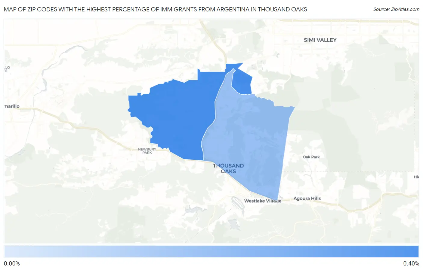 Zip Codes with the Highest Percentage of Immigrants from Argentina in Thousand Oaks Map
