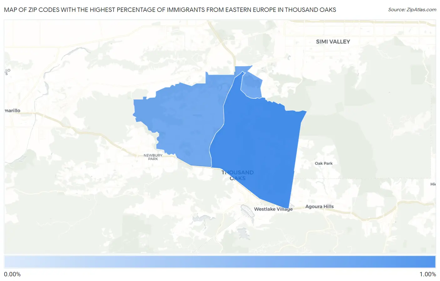 Zip Codes with the Highest Percentage of Immigrants from Eastern Europe in Thousand Oaks Map
