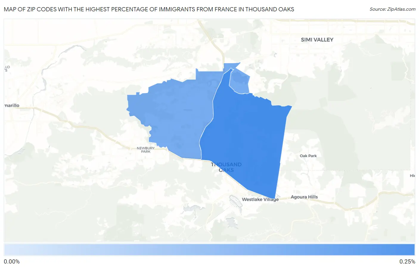 Zip Codes with the Highest Percentage of Immigrants from France in Thousand Oaks Map