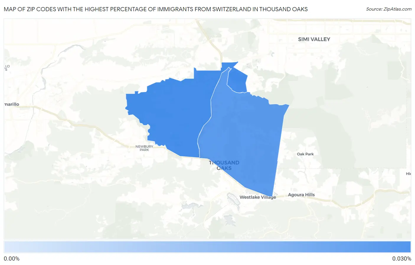 Zip Codes with the Highest Percentage of Immigrants from Switzerland in Thousand Oaks Map