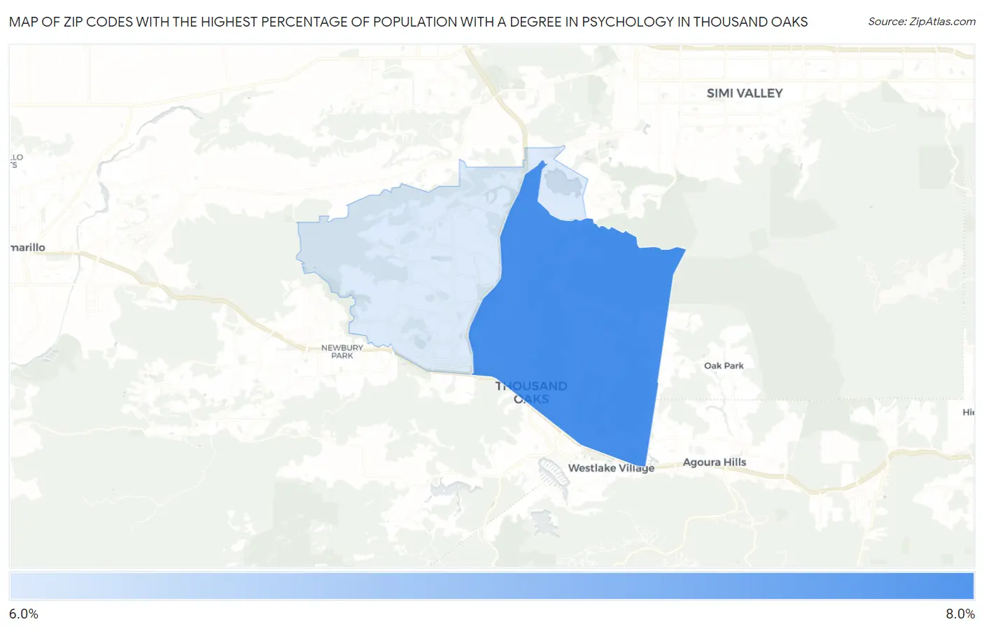 Zip Codes with the Highest Percentage of Population with a Degree in Psychology in Thousand Oaks Map