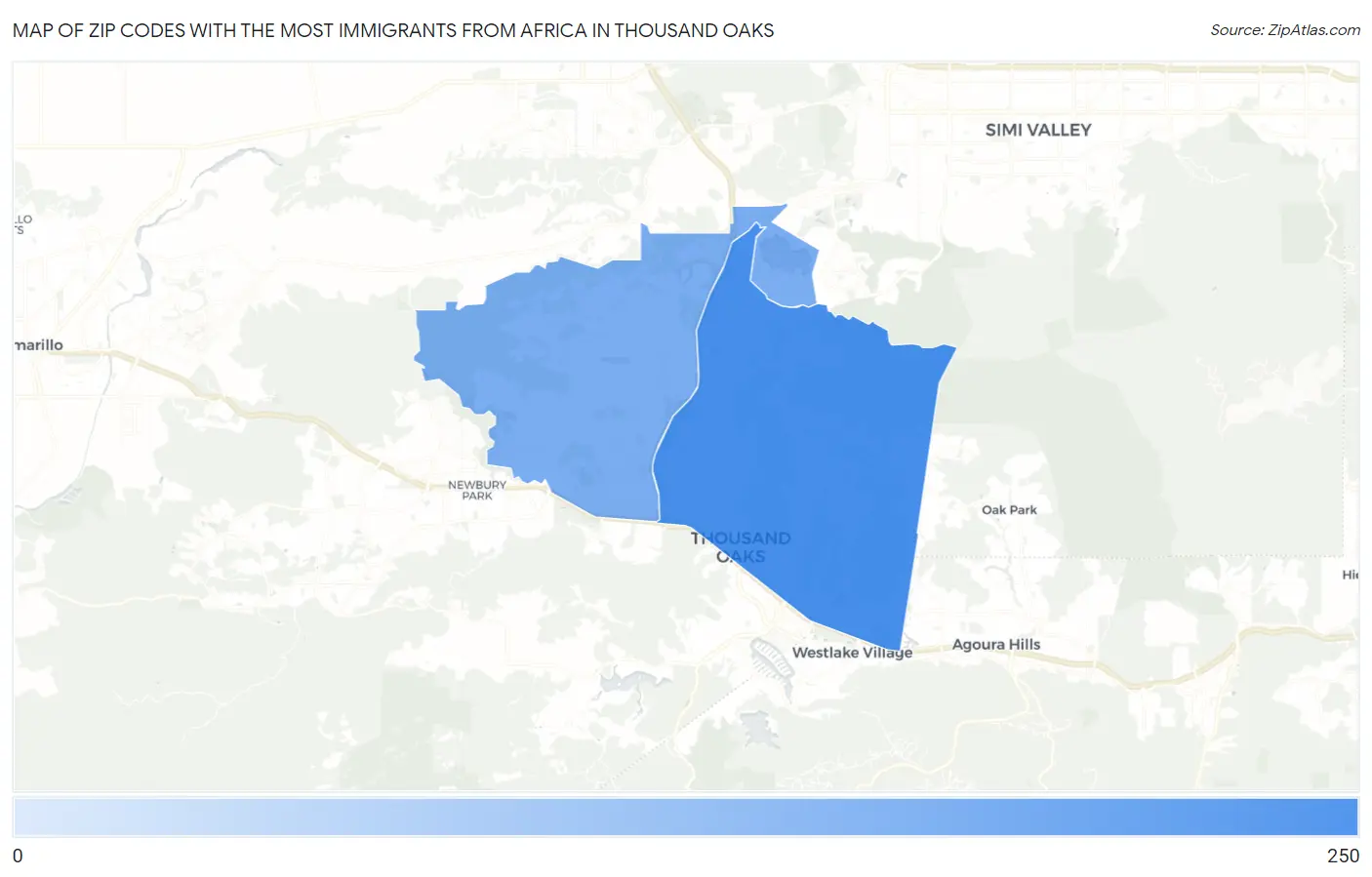 Zip Codes with the Most Immigrants from Africa in Thousand Oaks Map