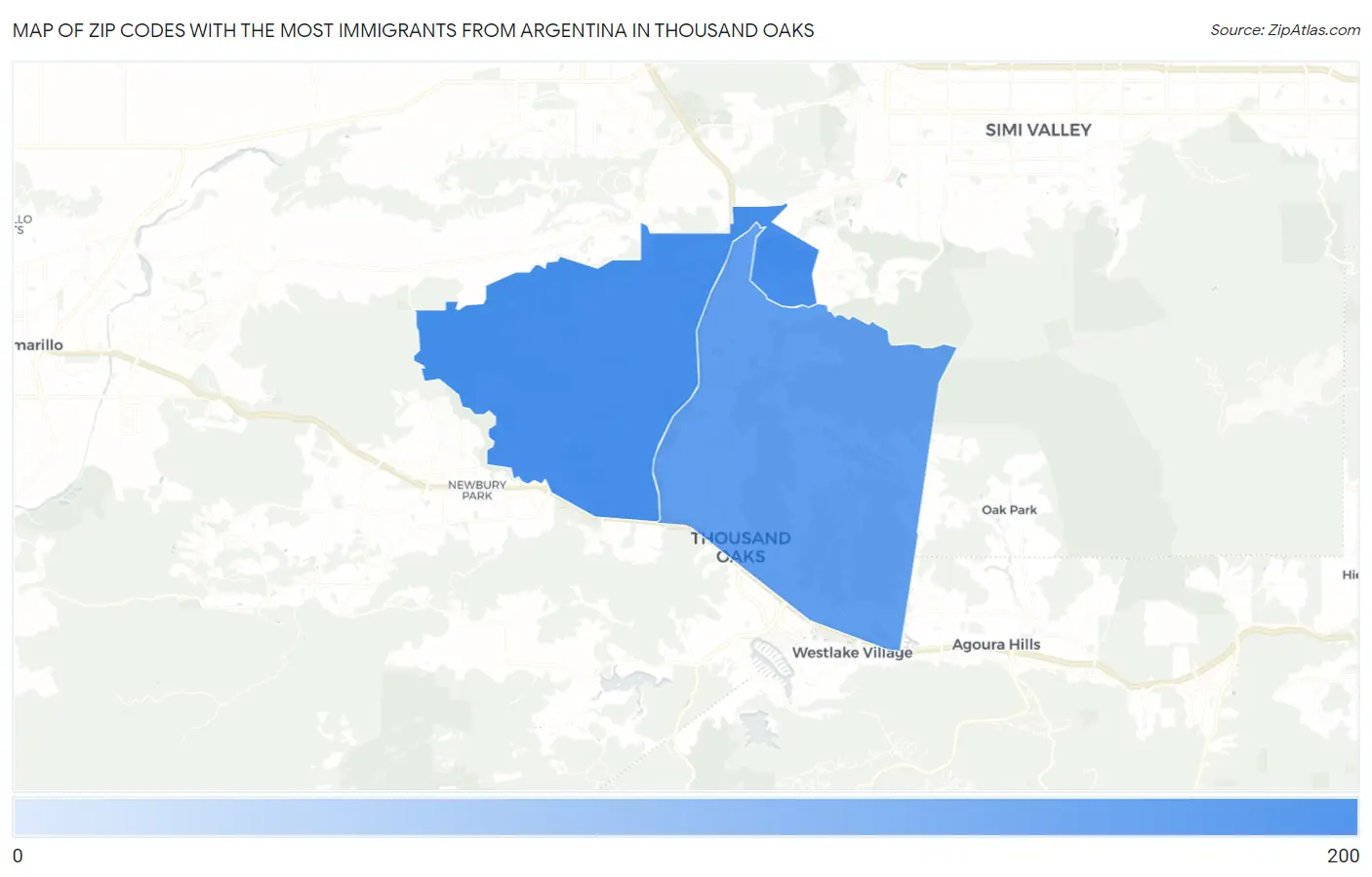 Zip Codes with the Most Immigrants from Argentina in Thousand Oaks Map
