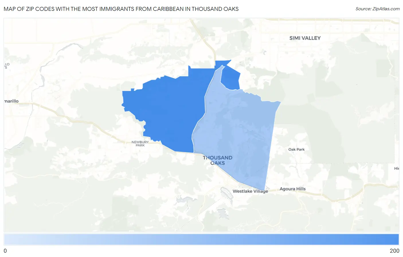 Zip Codes with the Most Immigrants from Caribbean in Thousand Oaks Map