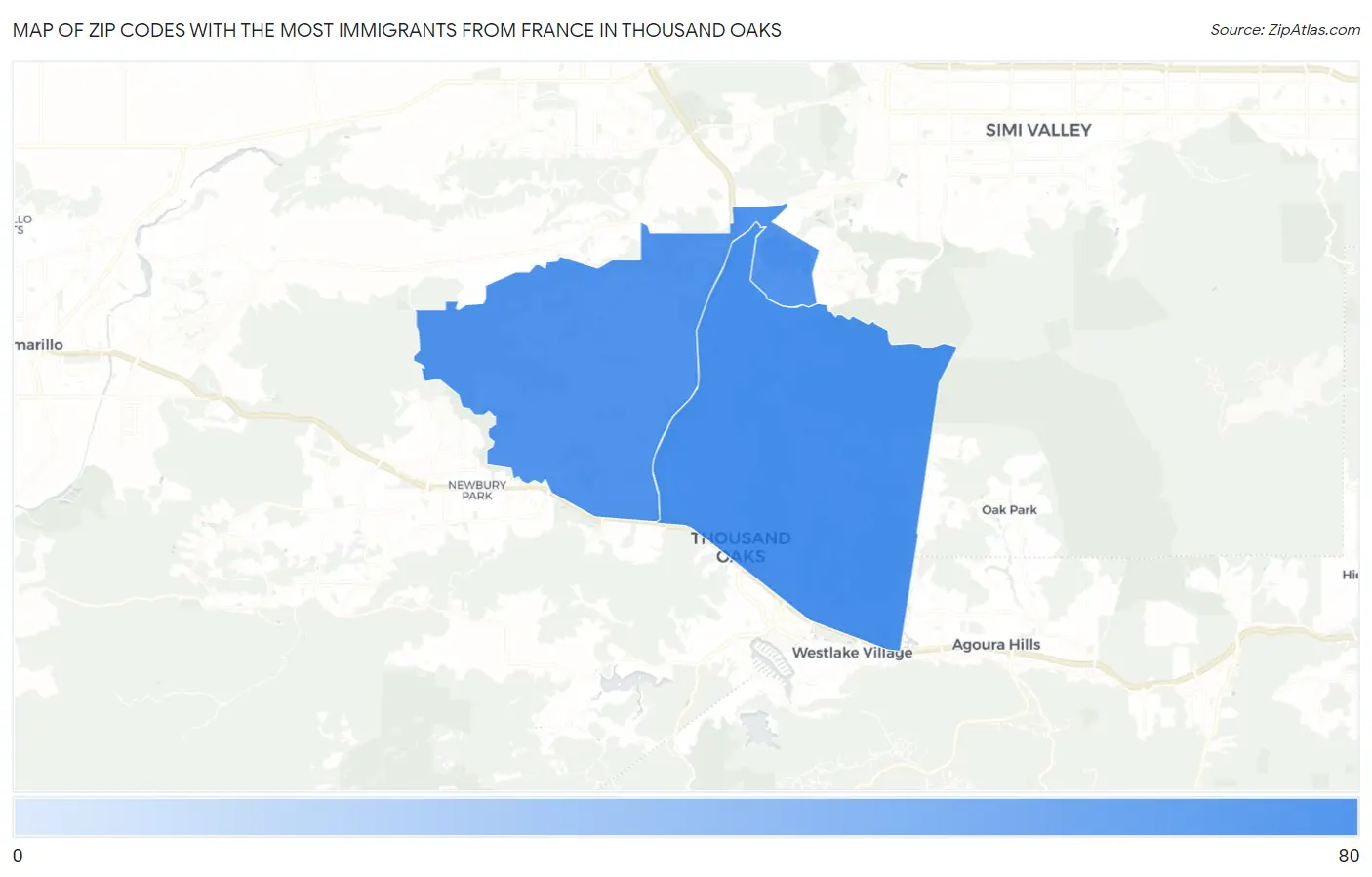 Zip Codes with the Most Immigrants from France in Thousand Oaks Map