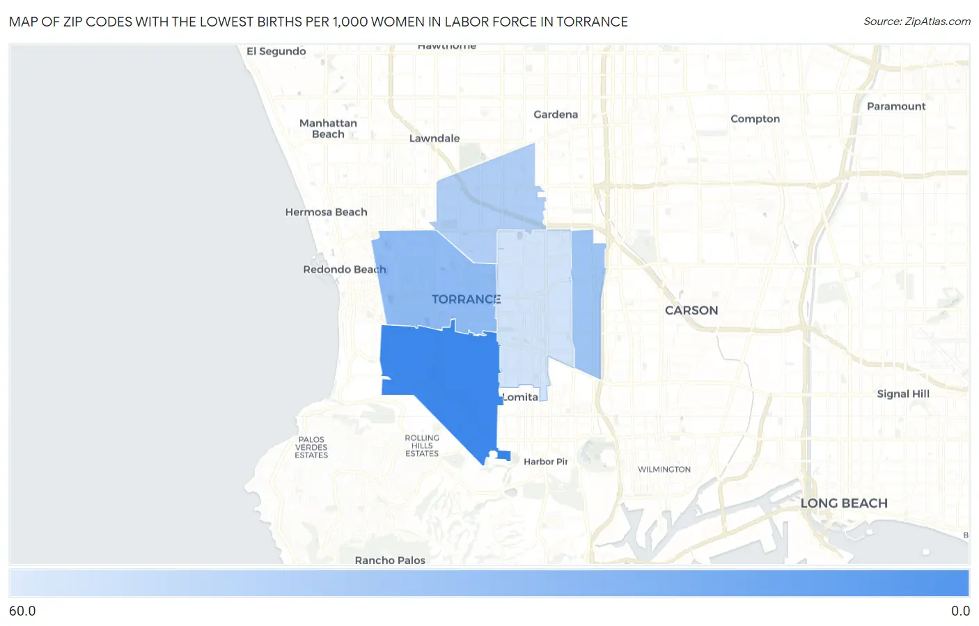 Zip Codes with the Lowest Births per 1,000 Women in Labor Force in Torrance Map