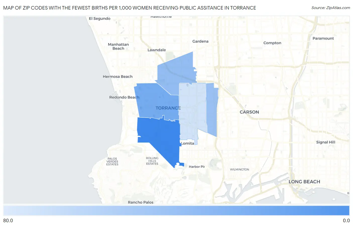 Zip Codes with the Fewest Births per 1,000 Women Receiving Public Assitance in Torrance Map