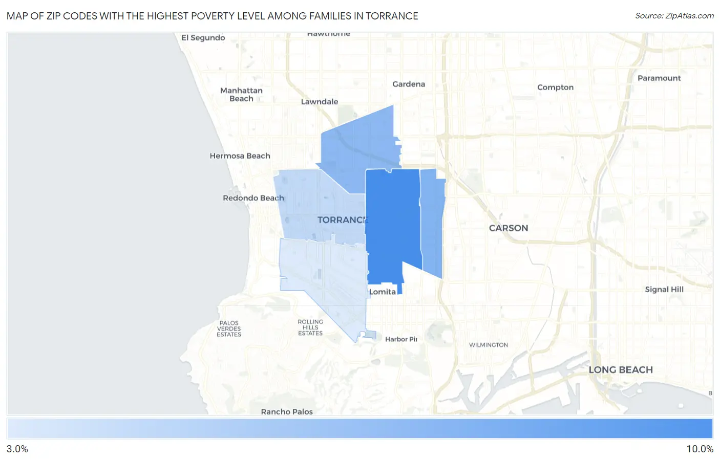 Zip Codes with the Highest Poverty Level Among Families in Torrance Map