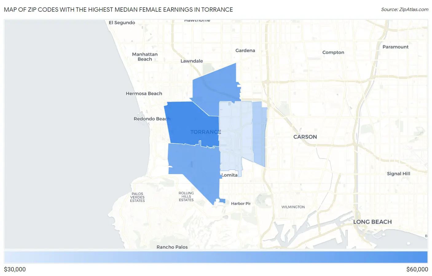 Zip Codes with the Highest Median Female Earnings in Torrance Map