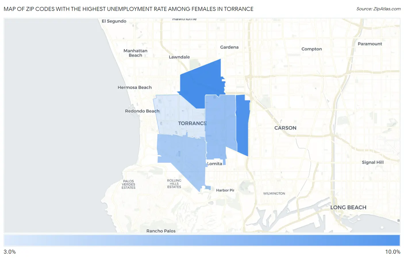 Zip Codes with the Highest Unemployment Rate Among Females in Torrance Map