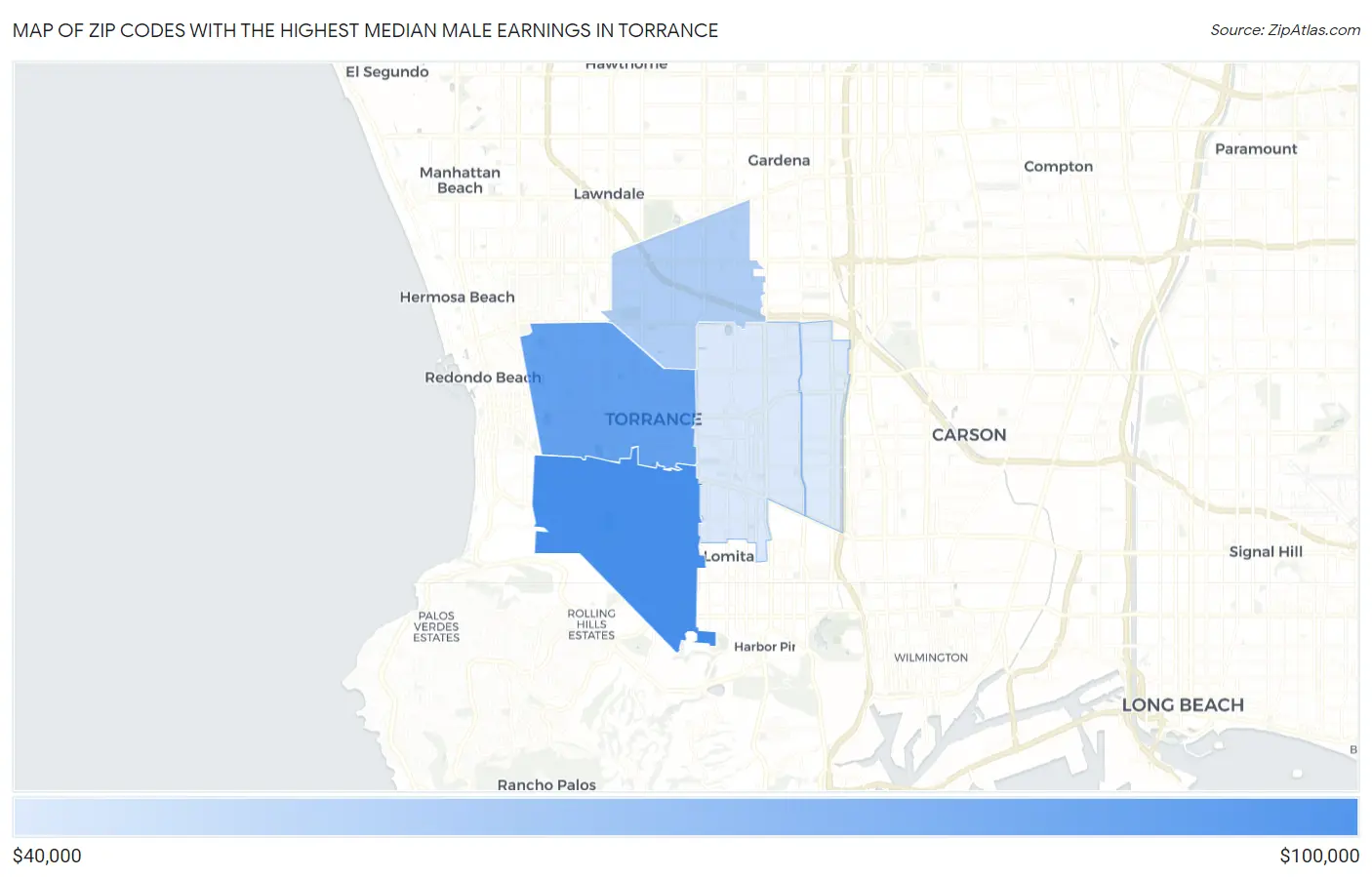 Zip Codes with the Highest Median Male Earnings in Torrance Map