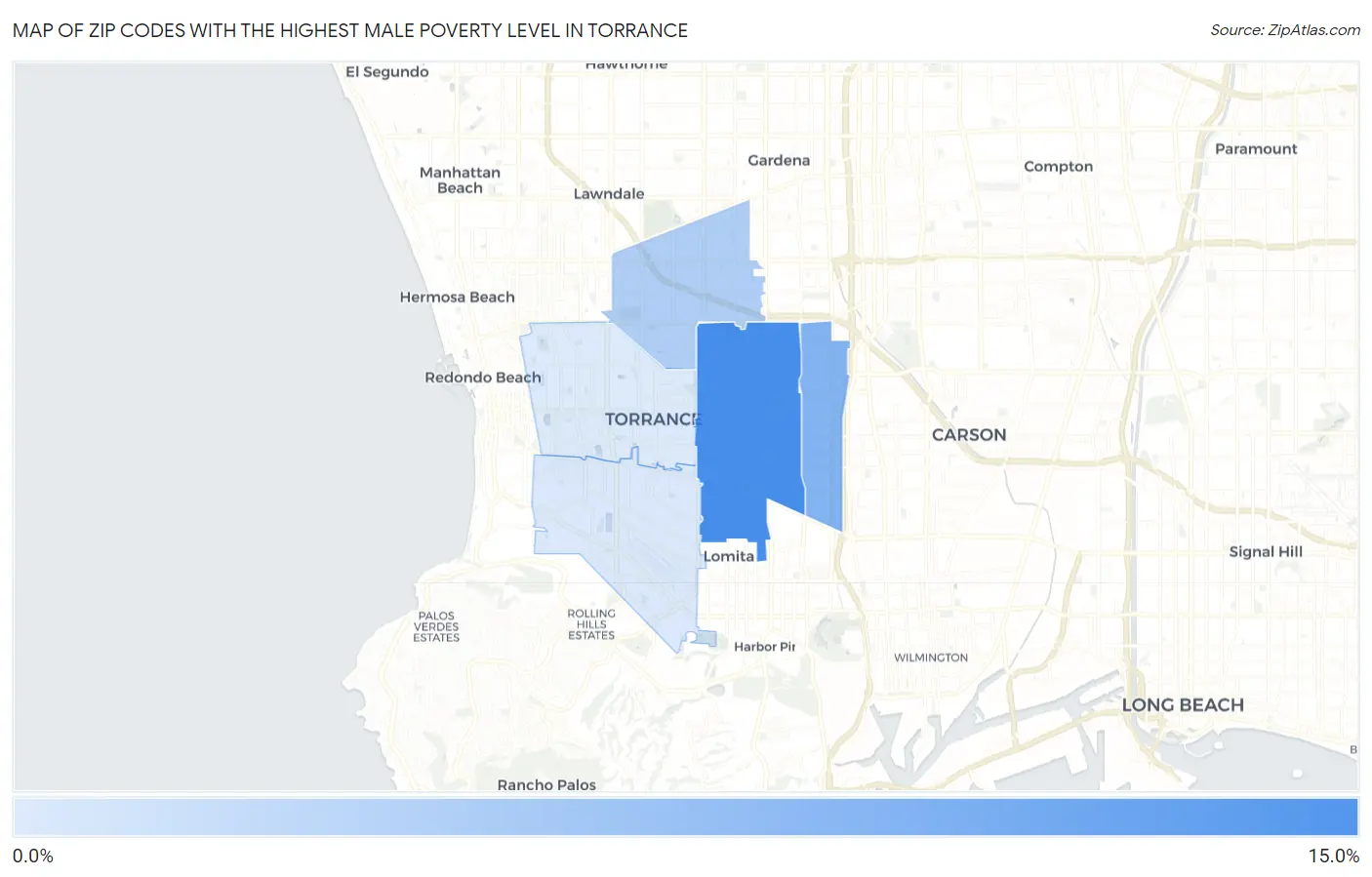 Zip Codes with the Highest Male Poverty Level in Torrance Map