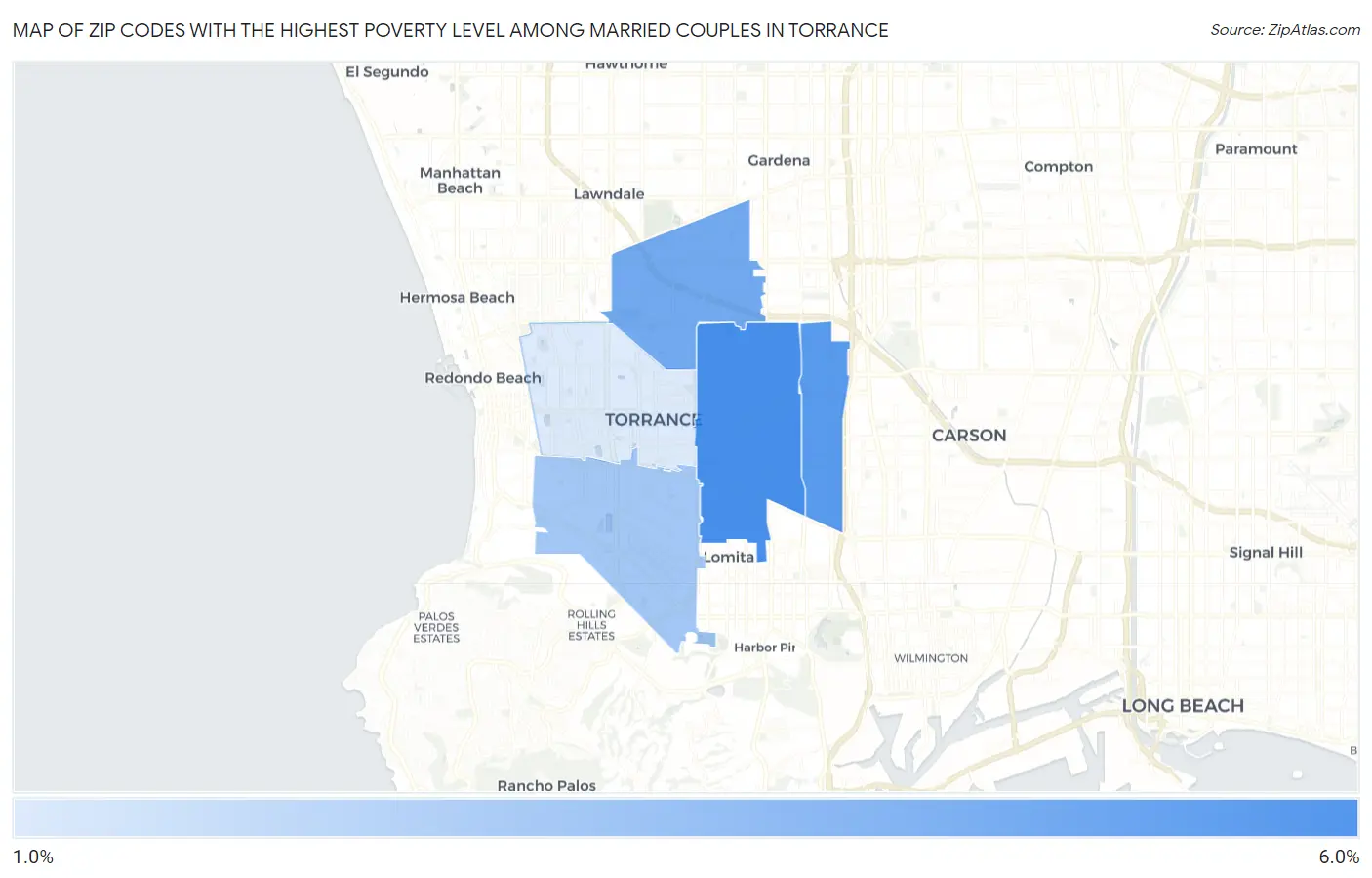 Zip Codes with the Highest Poverty Level Among Married Couples in Torrance Map