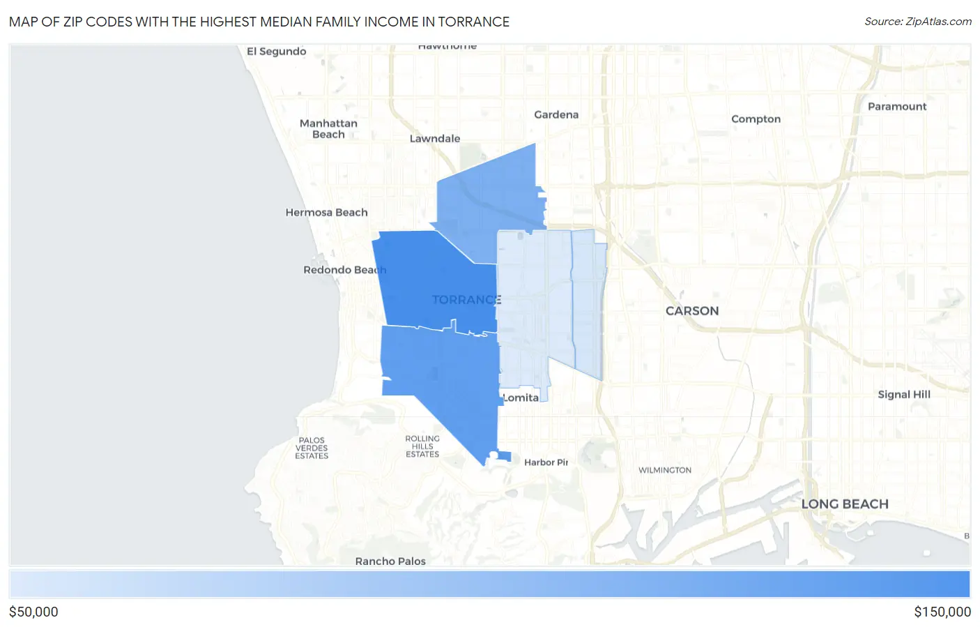 Zip Codes with the Highest Median Family Income in Torrance Map