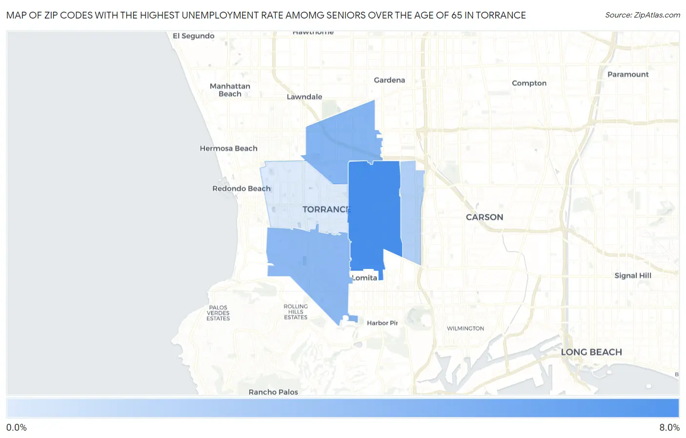 Zip Codes with the Highest Unemployment Rate Amomg Seniors Over the Age of 65 in Torrance Map