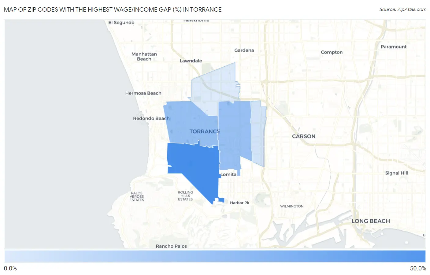 Zip Codes with the Highest Wage/Income Gap (%) in Torrance Map