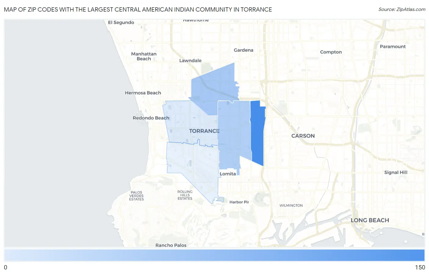 Zip Codes with the Largest Central American Indian Community in Torrance Map