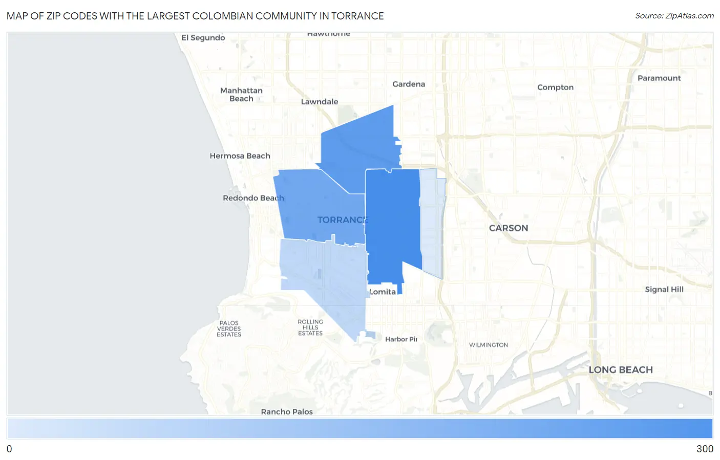 Zip Codes with the Largest Colombian Community in Torrance Map