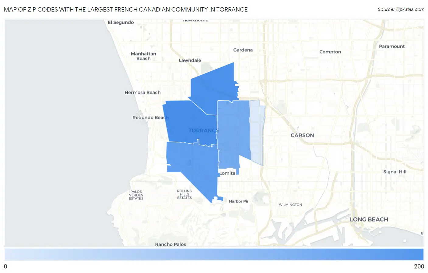 Zip Codes with the Largest French Canadian Community in Torrance Map