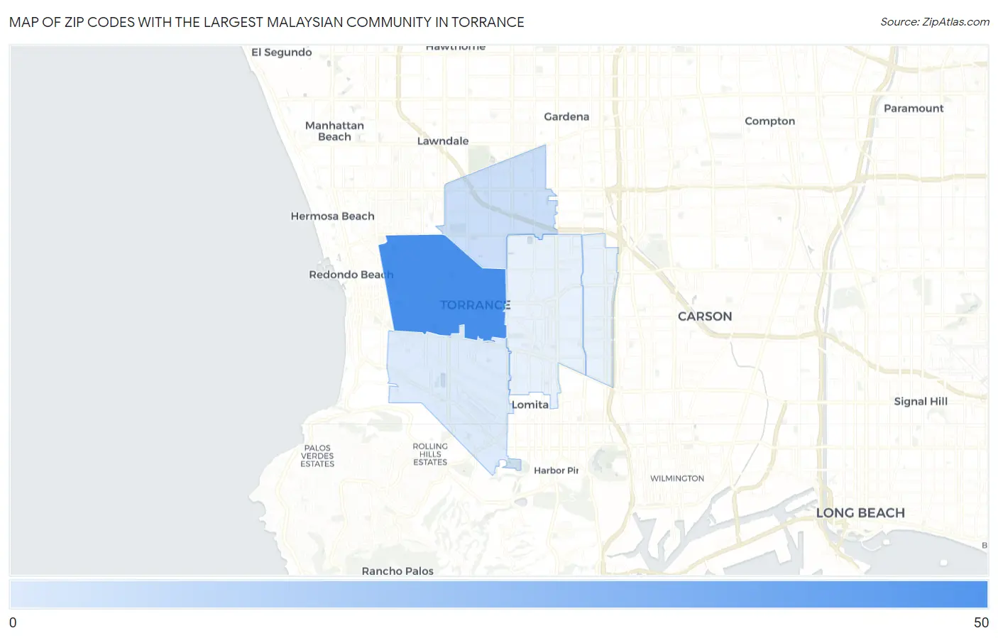 Zip Codes with the Largest Malaysian Community in Torrance Map
