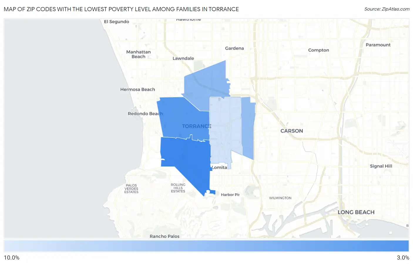 Zip Codes with the Lowest Poverty Level Among Families in Torrance Map