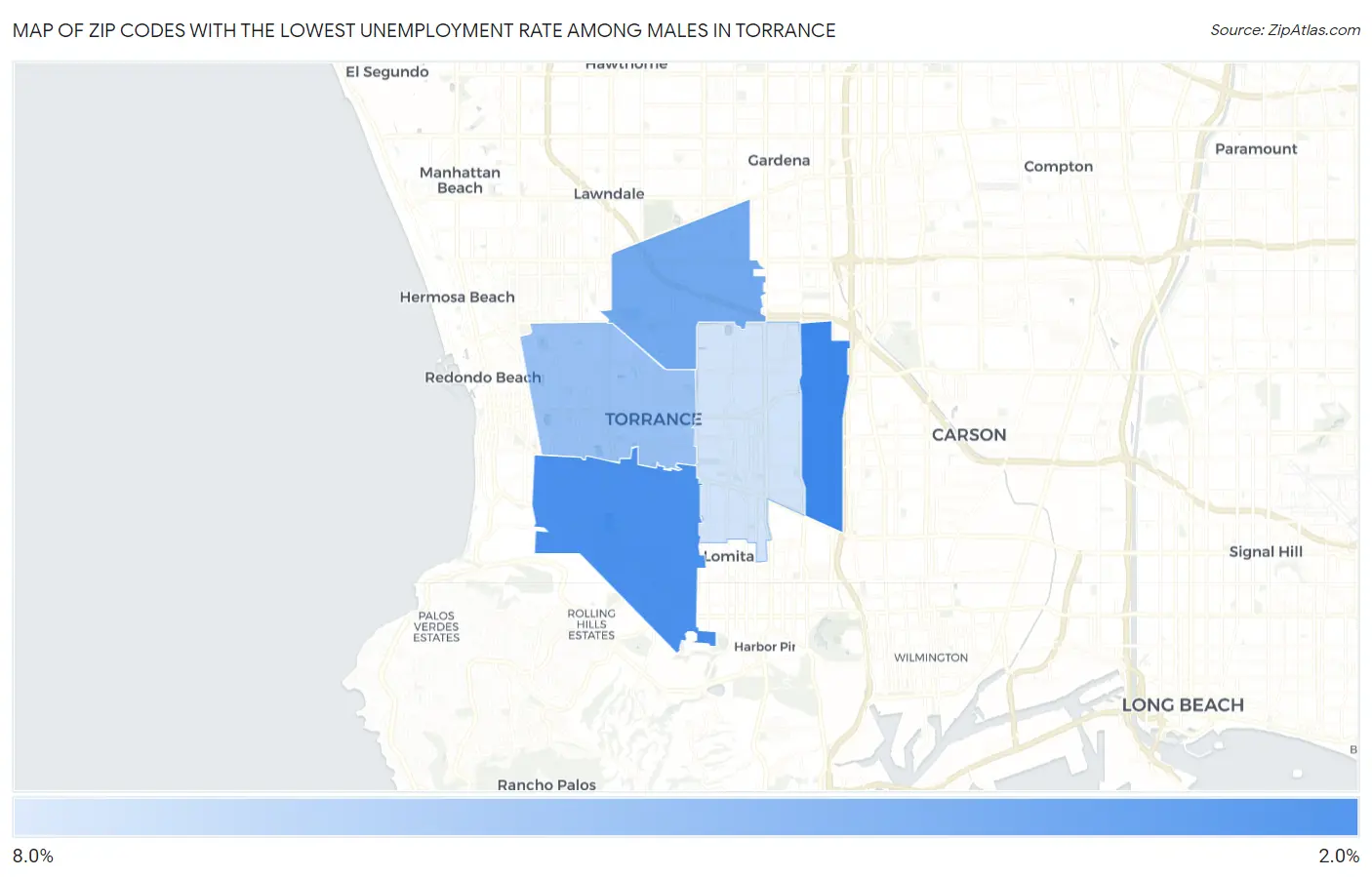 Zip Codes with the Lowest Unemployment Rate Among Males in Torrance Map