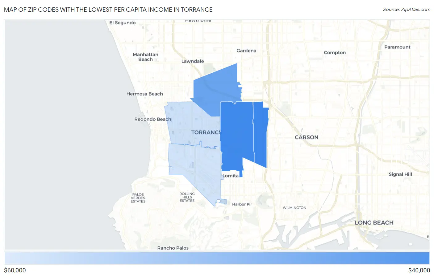 Zip Codes with the Lowest Per Capita Income in Torrance Map