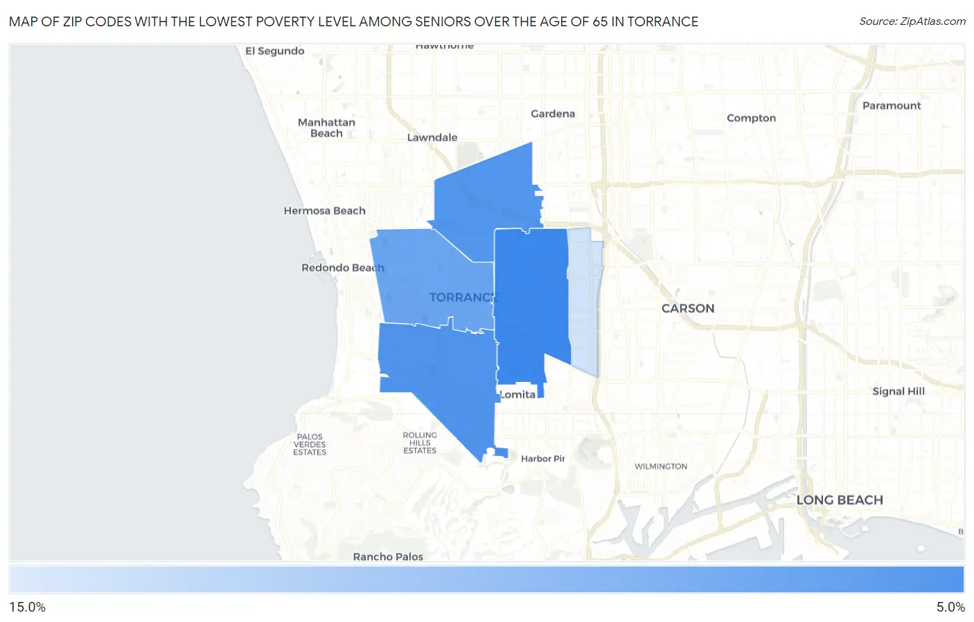 Zip Codes with the Lowest Poverty Level Among Seniors Over the Age of 65 in Torrance Map