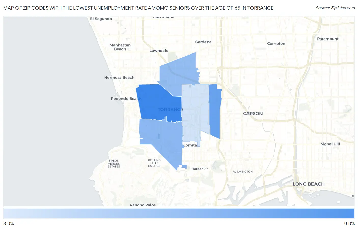 Zip Codes with the Lowest Unemployment Rate Amomg Seniors Over the Age of 65 in Torrance Map