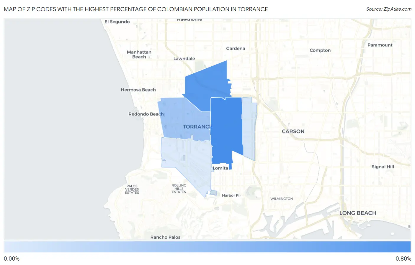 Zip Codes with the Highest Percentage of Colombian Population in Torrance Map