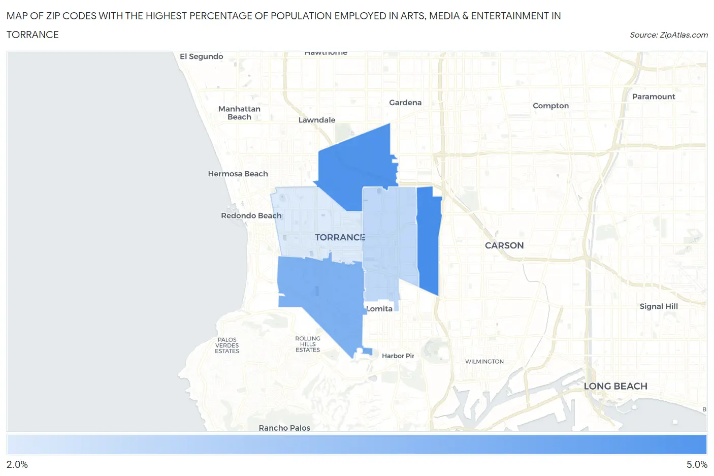 Zip Codes with the Highest Percentage of Population Employed in Arts, Media & Entertainment in Torrance Map