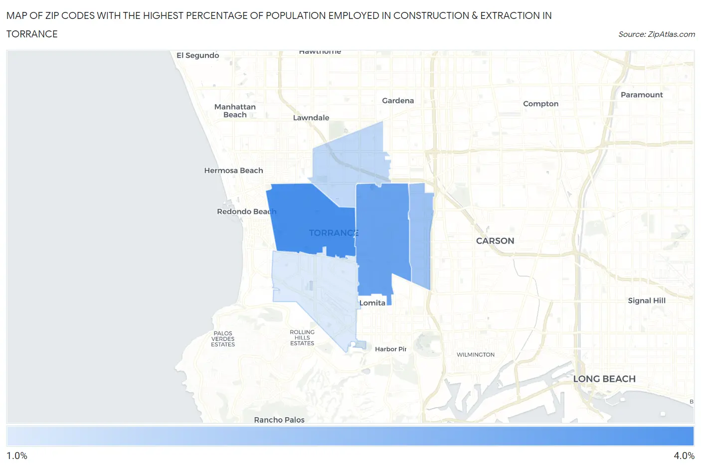 Zip Codes with the Highest Percentage of Population Employed in Construction & Extraction in Torrance Map