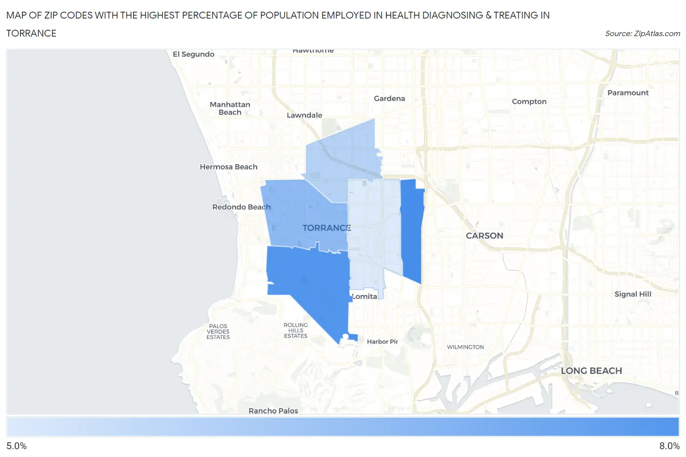 Zip Codes with the Highest Percentage of Population Employed in Health Diagnosing & Treating in Torrance Map