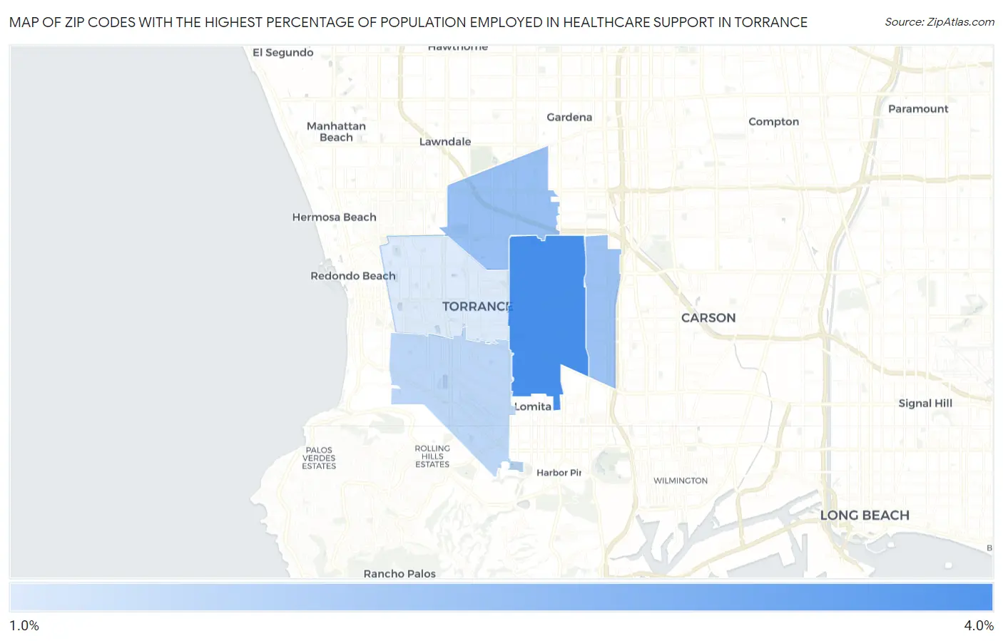 Zip Codes with the Highest Percentage of Population Employed in Healthcare Support in Torrance Map