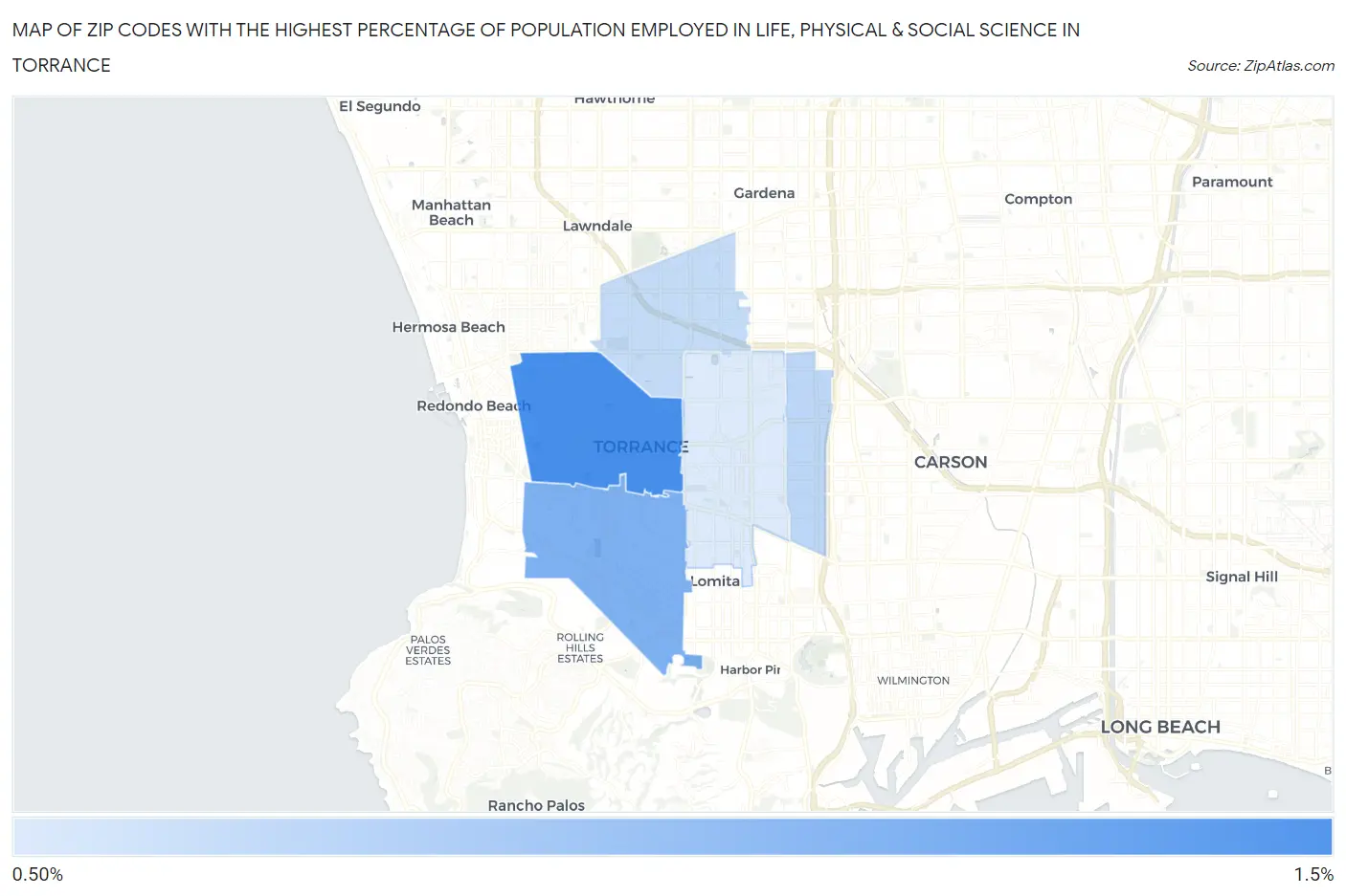 Zip Codes with the Highest Percentage of Population Employed in Life, Physical & Social Science in Torrance Map