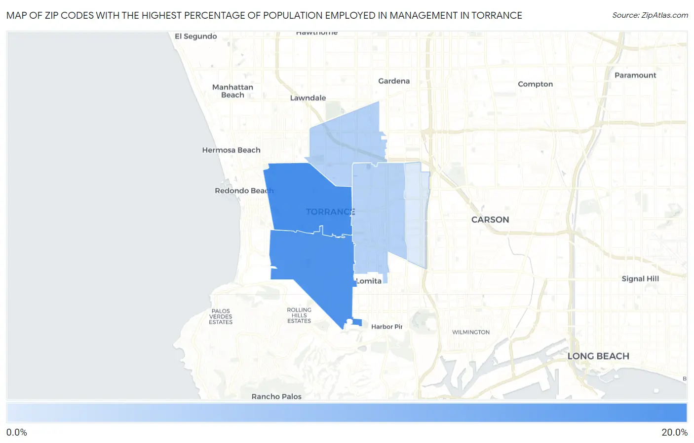 Zip Codes with the Highest Percentage of Population Employed in Management in Torrance Map