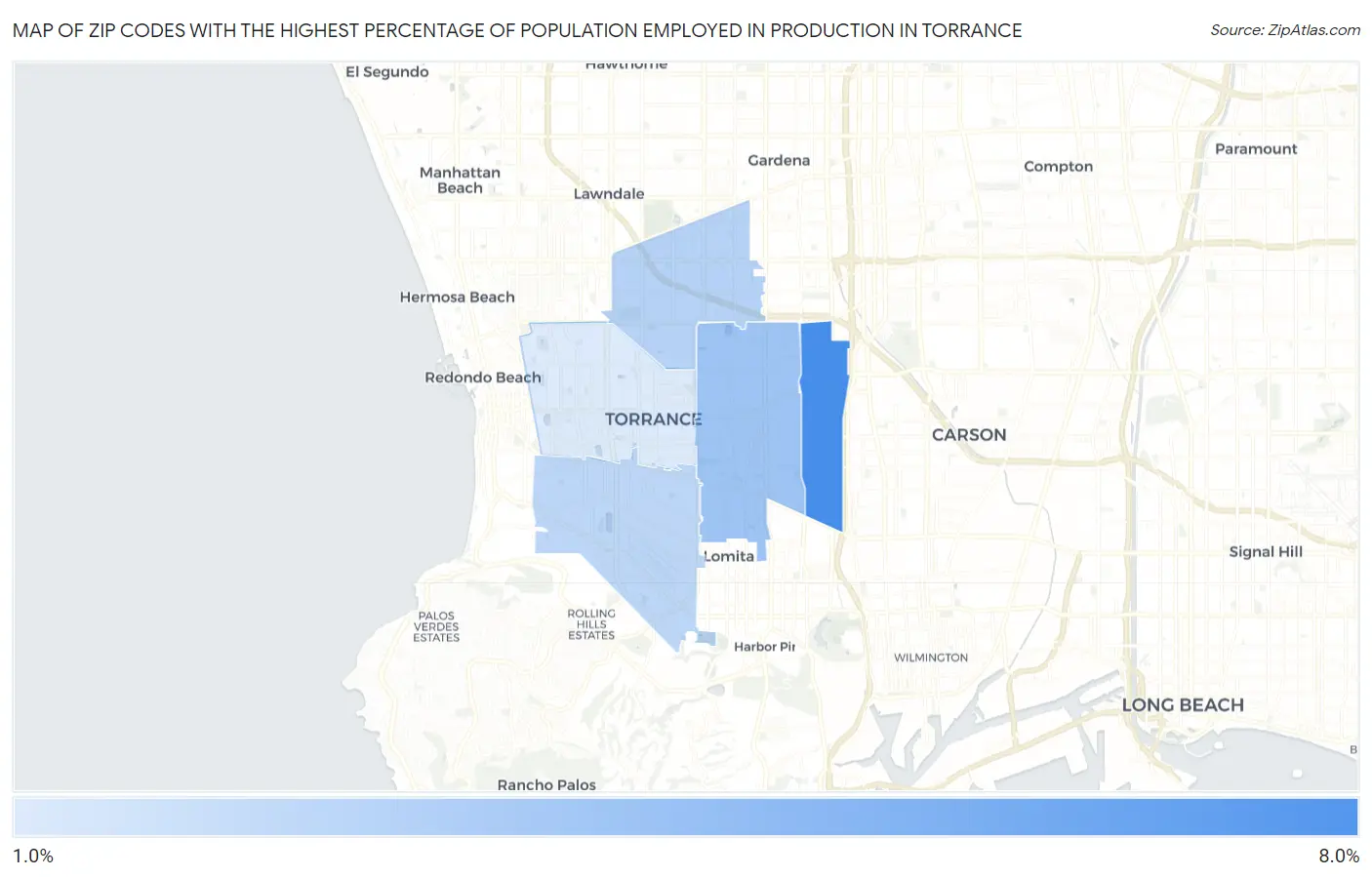 Zip Codes with the Highest Percentage of Population Employed in Production in Torrance Map