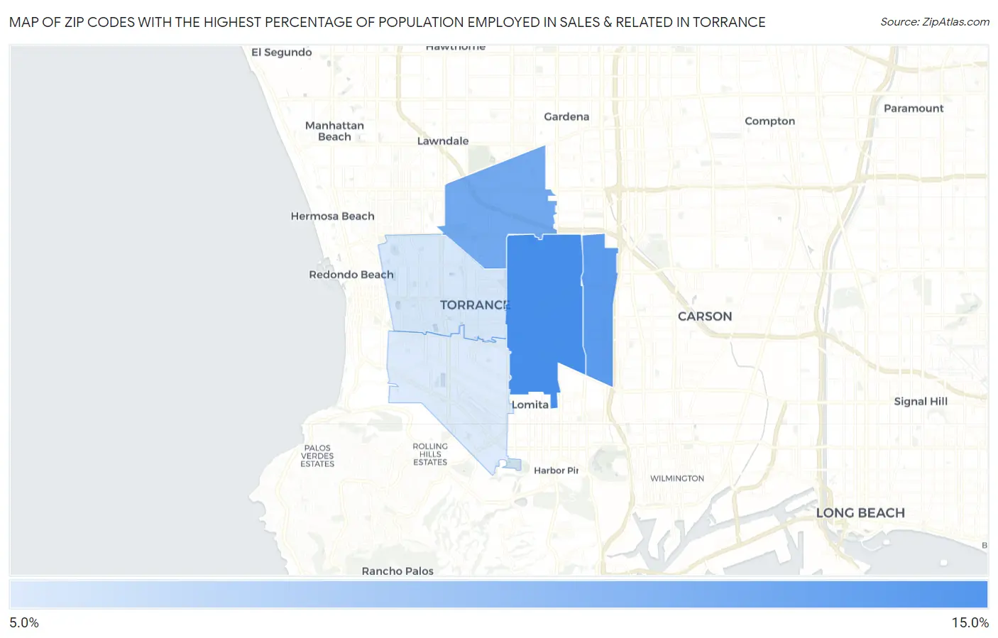 Zip Codes with the Highest Percentage of Population Employed in Sales & Related in Torrance Map