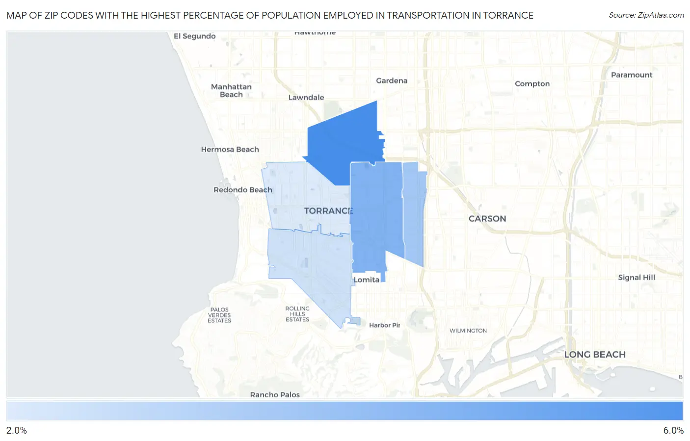 Zip Codes with the Highest Percentage of Population Employed in Transportation in Torrance Map