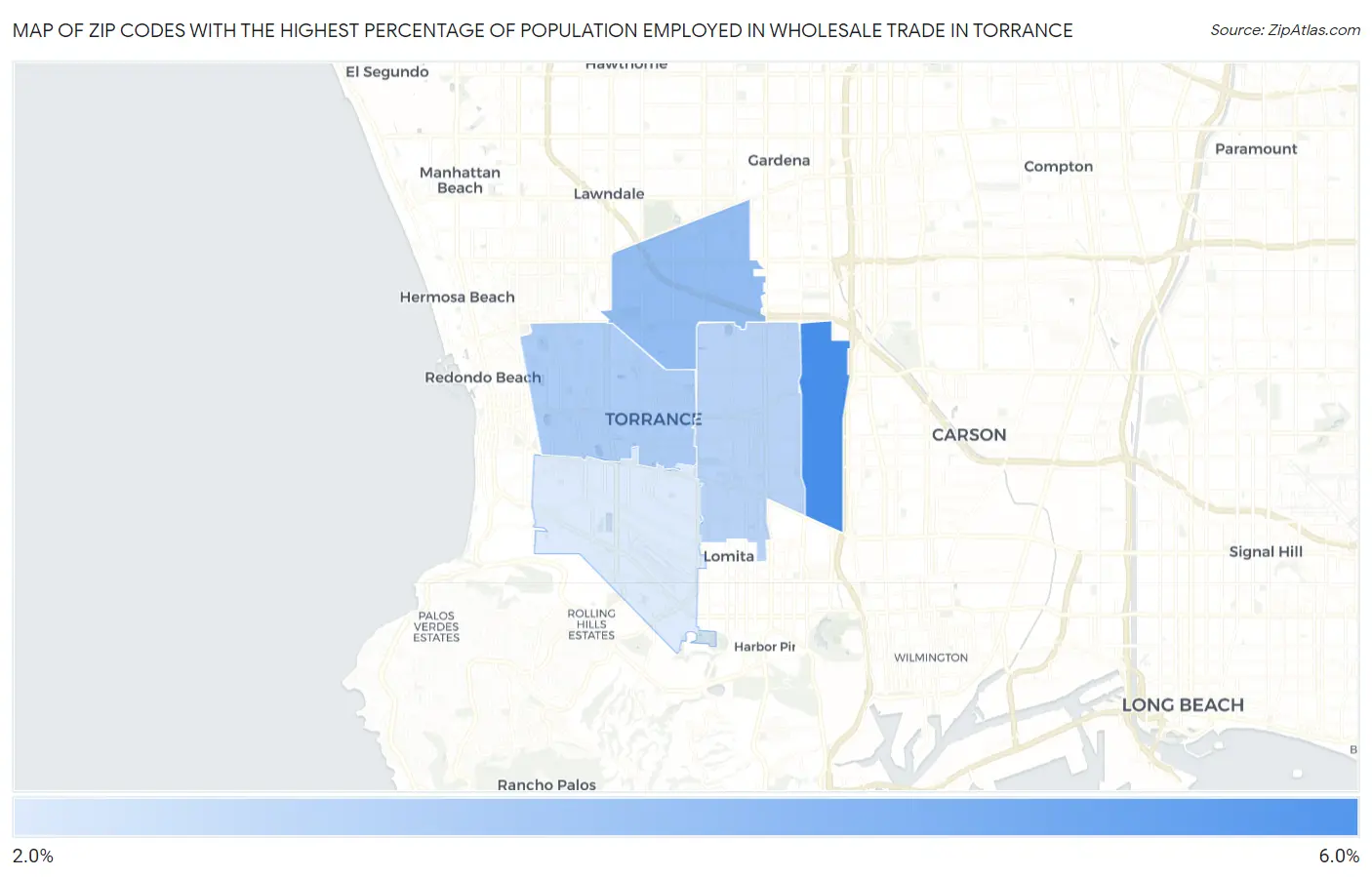 Zip Codes with the Highest Percentage of Population Employed in Wholesale Trade in Torrance Map
