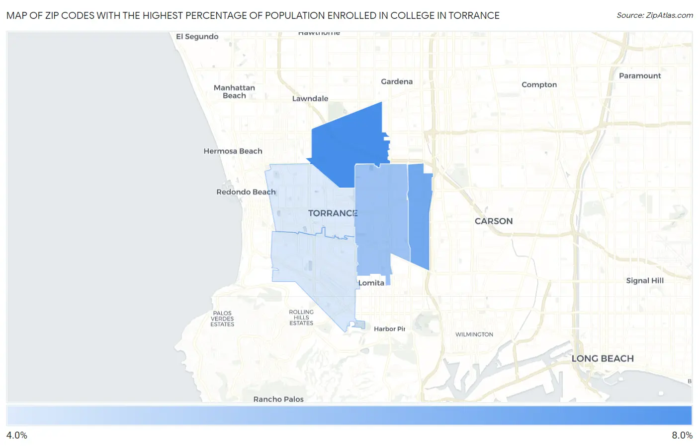 Zip Codes with the Highest Percentage of Population Enrolled in College in Torrance Map