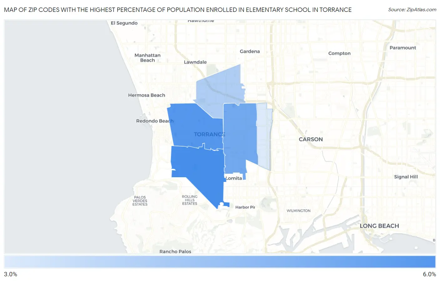 Zip Codes with the Highest Percentage of Population Enrolled in Elementary School in Torrance Map