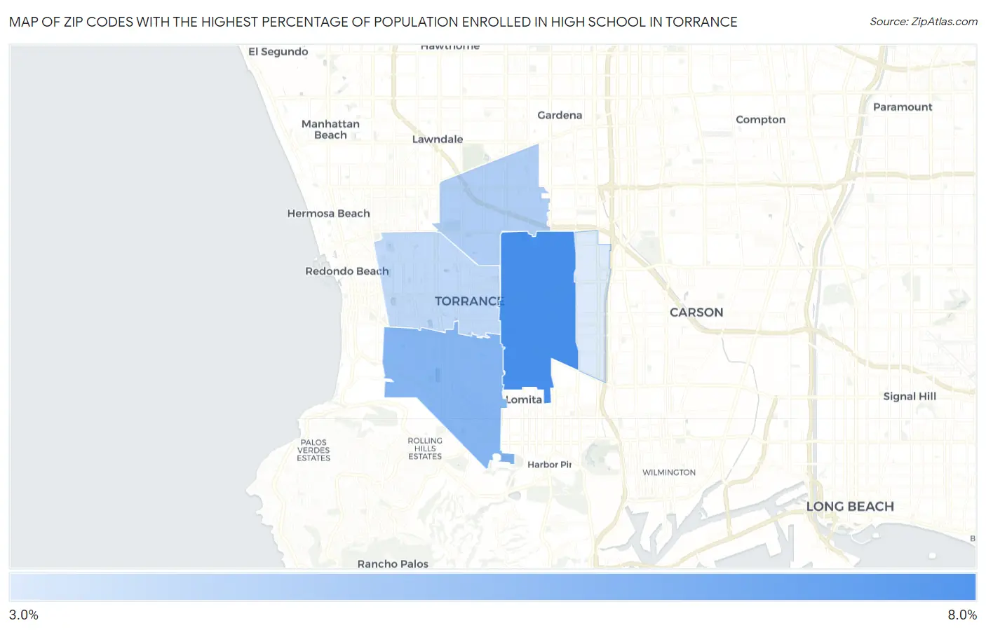 Zip Codes with the Highest Percentage of Population Enrolled in High School in Torrance Map